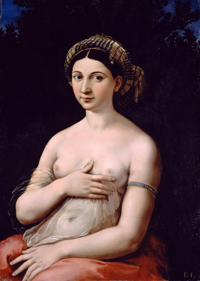 195 Rafael, La Fornarina (Margherita Luti), Öl auf Tafel, 86 × 58 cm, 1518–1519, Galleria Borghese, Rom. Rafael malt nicht die Bäckerstochter, sondern jenen Moment, in dem der Blick sich entzieht.