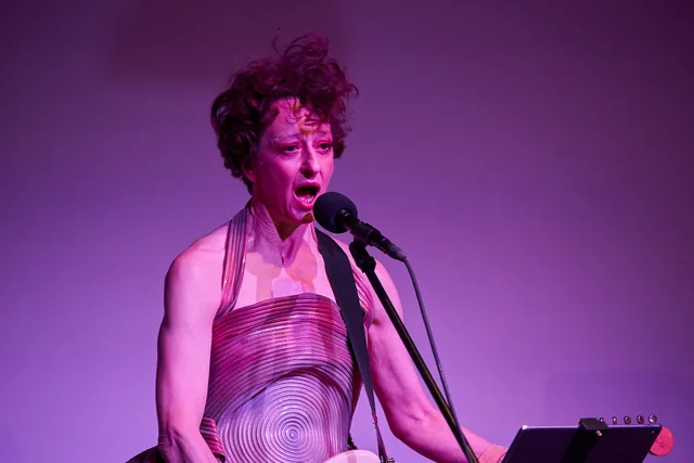Gina Mattiello tritt auf einer Bühne vor einem violetten Hintergrund auf. Sie trägt ein markantes, strukturiertes Kleid mit konzentrischen Kreisen und singt in ein Mikrofon, während sie ein Instrument spielt. Auf einem Ständer vor ihr befindet sich ein Tablet. Drittes Bild